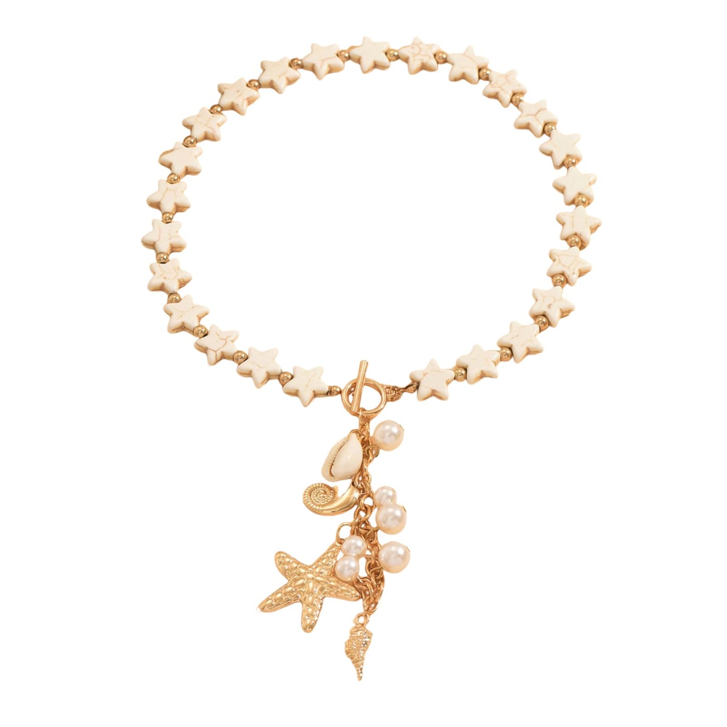 Stringex Seashell Starfish Choker Necklace for Women Boho Gold Starfish Pendant Necklaces Chunky Turquoise Beaded Long Necklace Trendy Holiday Jewelry Gifts (White)