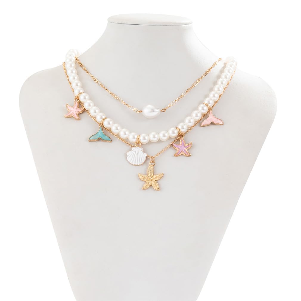 Chunky Gold Layered Pearl Starfish Statement Necklace Dainty Beach Pearls Beaded Seashell Choker Stacked Conch Sea Shell Necklaces Trendy Hawaiian Beachy Jewelry for Women (Colorful)