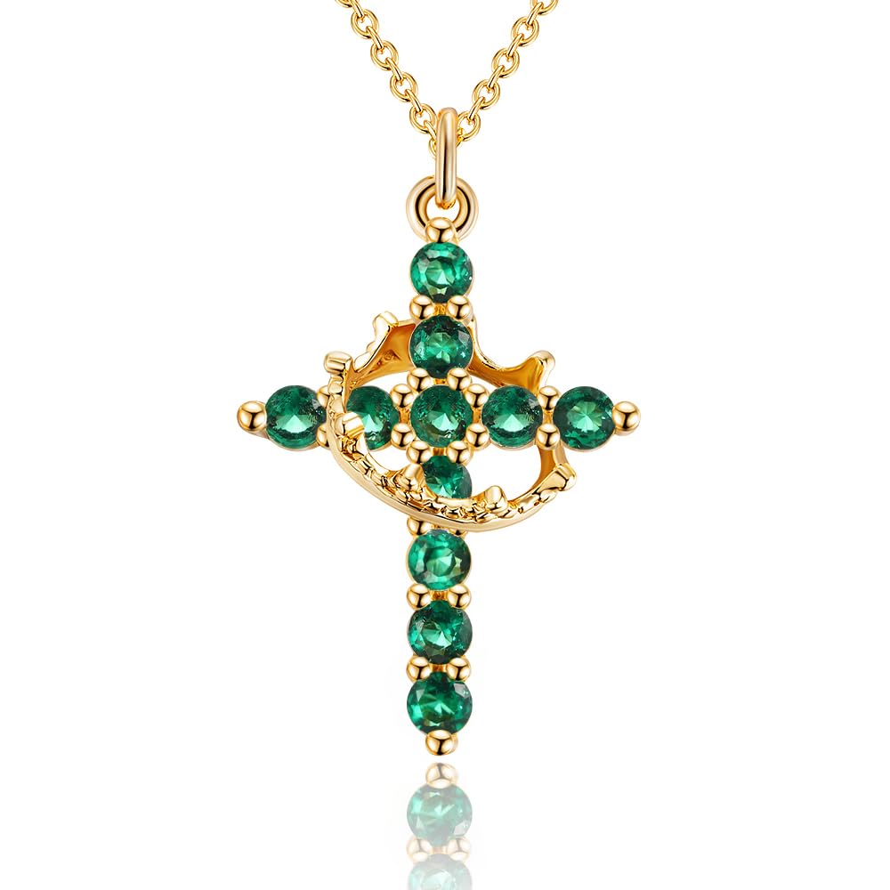 Robaice Birthstone Crown Cross Necklace for Women, Gold-Plated Christian Faith Necklace, Cross Jewelry Gift for Women, May Green Emerald Gift