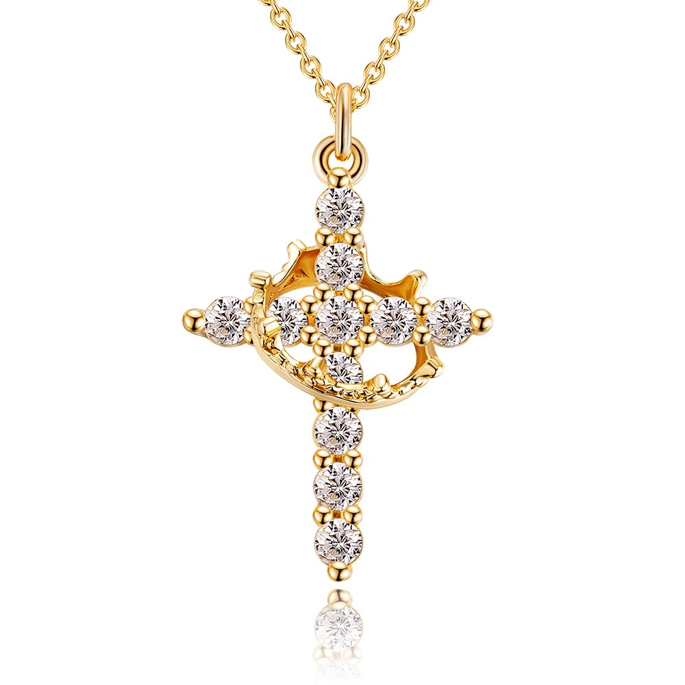Robaice Birthstone Crown Cross Necklace for Women, Gold-Plated Christian Faith Necklace, Cross Jewelry Gift for Women, April Clear Gift