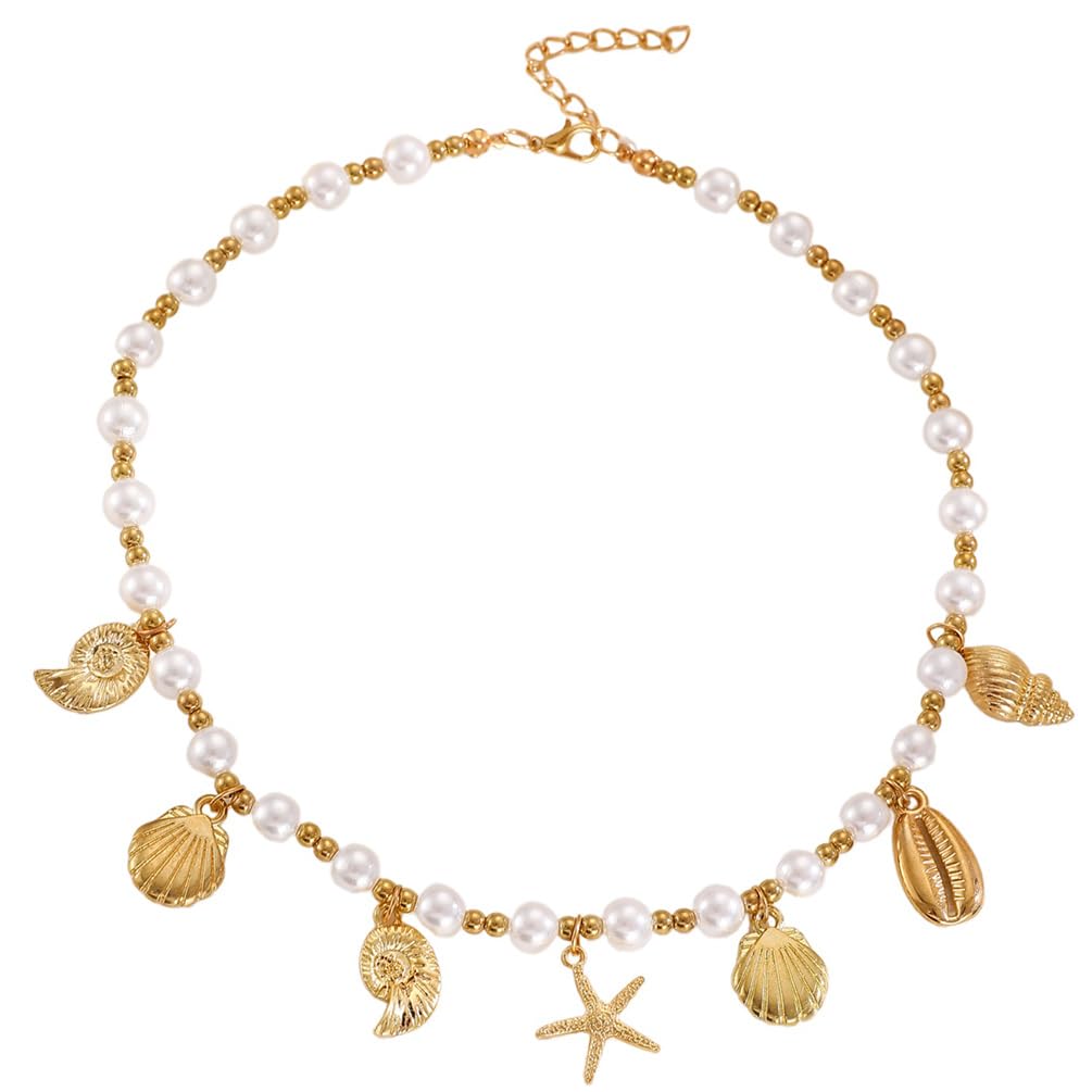 Gold Starfish Conch Oval Pearl SeaShell Necklace for Women Trendy, Statement Boho Shell Pearls Beaded Chain Necklaces Holiday Beach Party Jewelry (Gold 2)