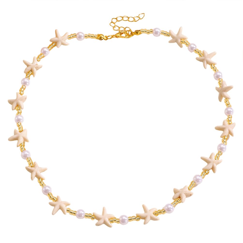 Dainty Starfish Pearl Beaded Choker Necklace, Layered Sea Shell Pearls Pendant Star Beads Necklaces for Women Chic Sweet Beach Coastal Party Jewelry Gift (Gold 1)