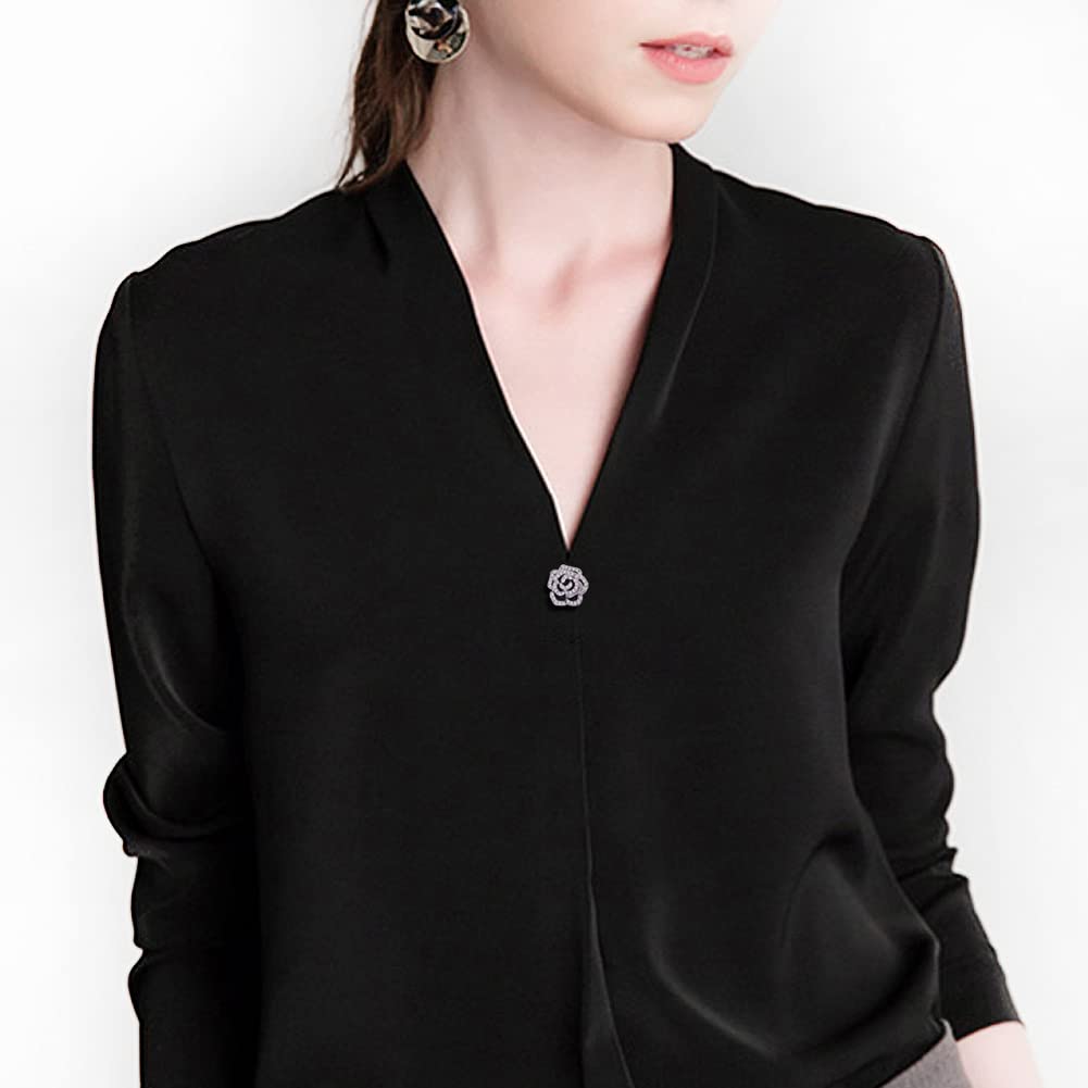 Elegant Crystal Blooming Rose Flower Brooch Lapel Pin Breastpin for Women Birdal Cardigan Hat Scarf Suit Sweater Floral Pins (Silver Rose Pin)