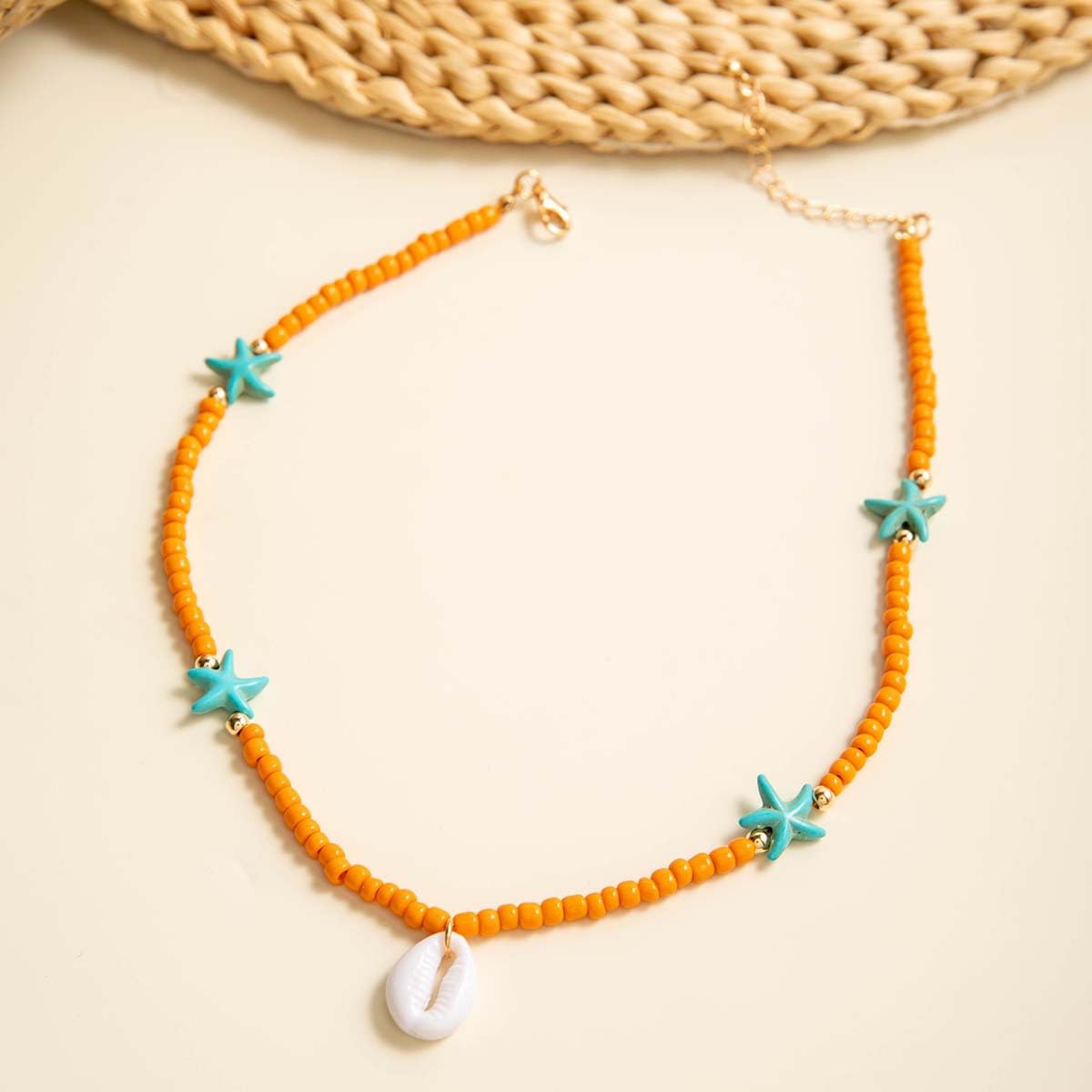 LKingel Gold Starfish Necklaces for Women Beaded Mermaids Starfish Shell Pearl Choker Pendant Necklaces Chunky Beach Necklace Mermaid Charm Necklace Summer Beach Jewelry for Women Orange2
