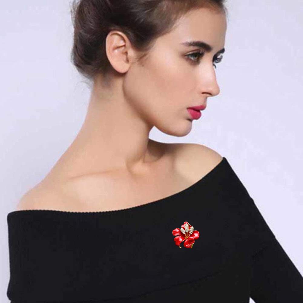 Elegant Enamel Plum Blossom Flower Brooch Pin, AILUOR Fashion Gold Plated Pearls Floral Brooch Lapel Pin for Women Girl Bridal Wedding Corsage Jewelry Gifts (Red)