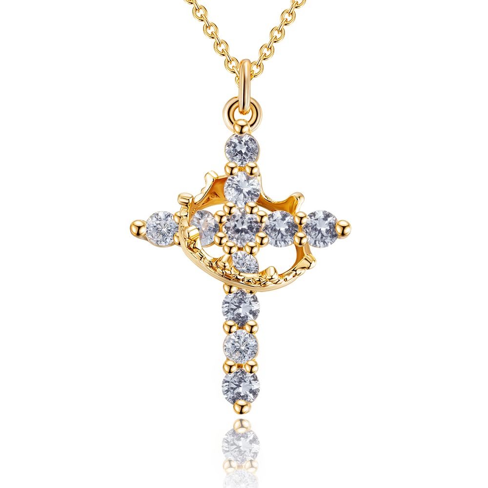 Robaice Birthstone Crown Cross Necklace for Women, Gold-Plated Christian Faith Necklace, Cross Jewelry Gift for Women, March Blue Aquamarine Gift
