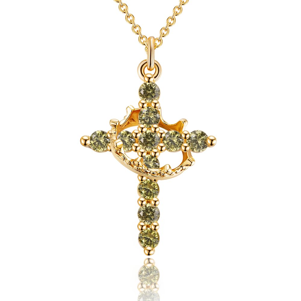 Robaice Birthstone Crown Cross Necklace for Women, Gold-Plated Christian Faith Necklace, Cross Jewelry Gift for Women, August Green Peridot Gift