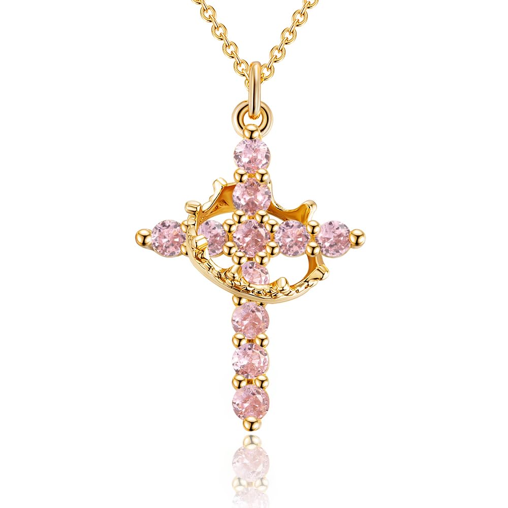 Robaice Birthstone Crown Cross Necklace for Women, Gold-Plated Christian Faith Necklace, Cross Jewelry Gift for Women, October Pink Tourmaline Gift