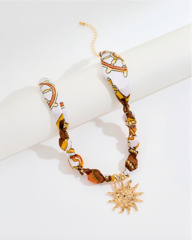 FAUTHENTICUTE Large Gold Sun Pendant Necklace For Women Boho Silk Scarf Statement Necklace Adjustable Choker Necklaces Perfect for Beach Summer Mothers Day Gifts