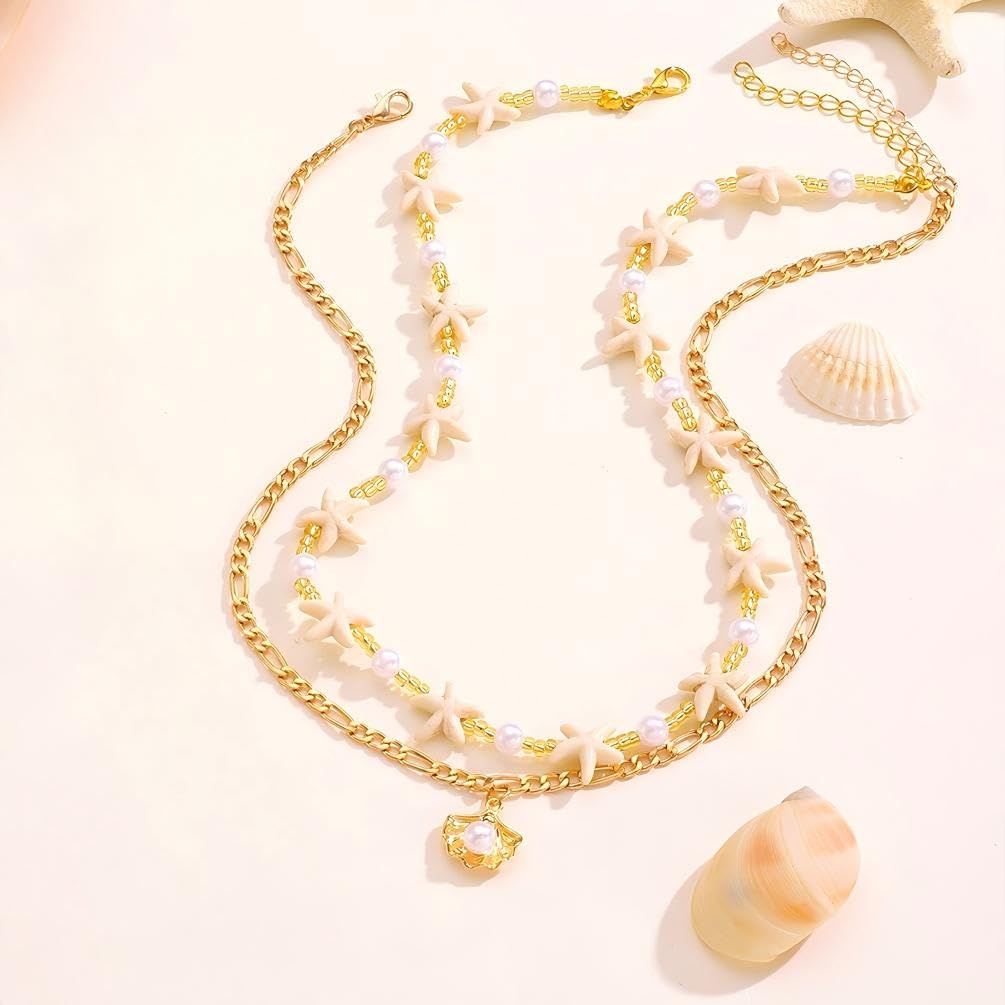 Dainty Starfish Pearl Beaded Choker Necklace, Layered Sea Shell Pearls Pendant Star Beads Necklaces for Women Chic Sweet Beach Coastal Party Jewelry Gift (Gold 2)