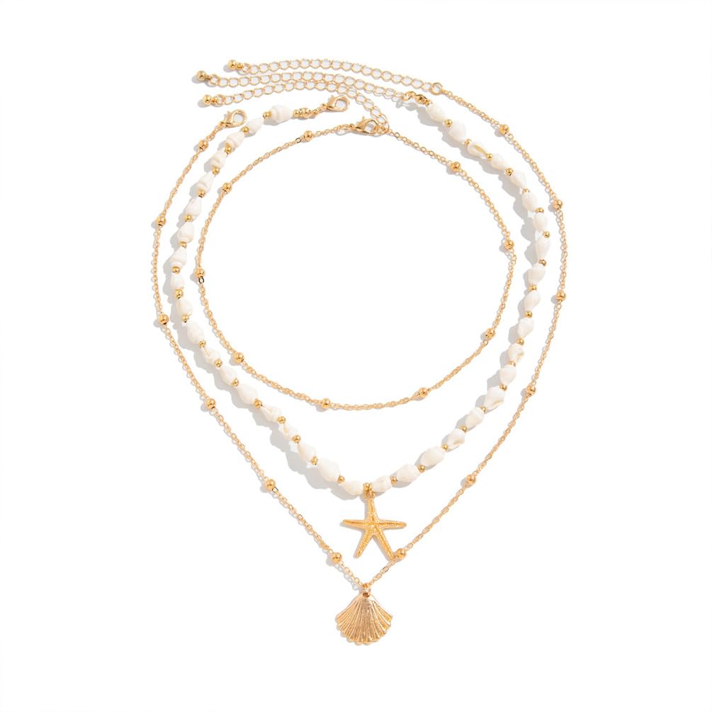 Gold Starfish Conch Oval Pearl SeaShell Necklace for Women Trendy, Statement Boho Shell Pearls Beaded Chain Necklaces Holiday Beach Party Jewelry (Gold-1)