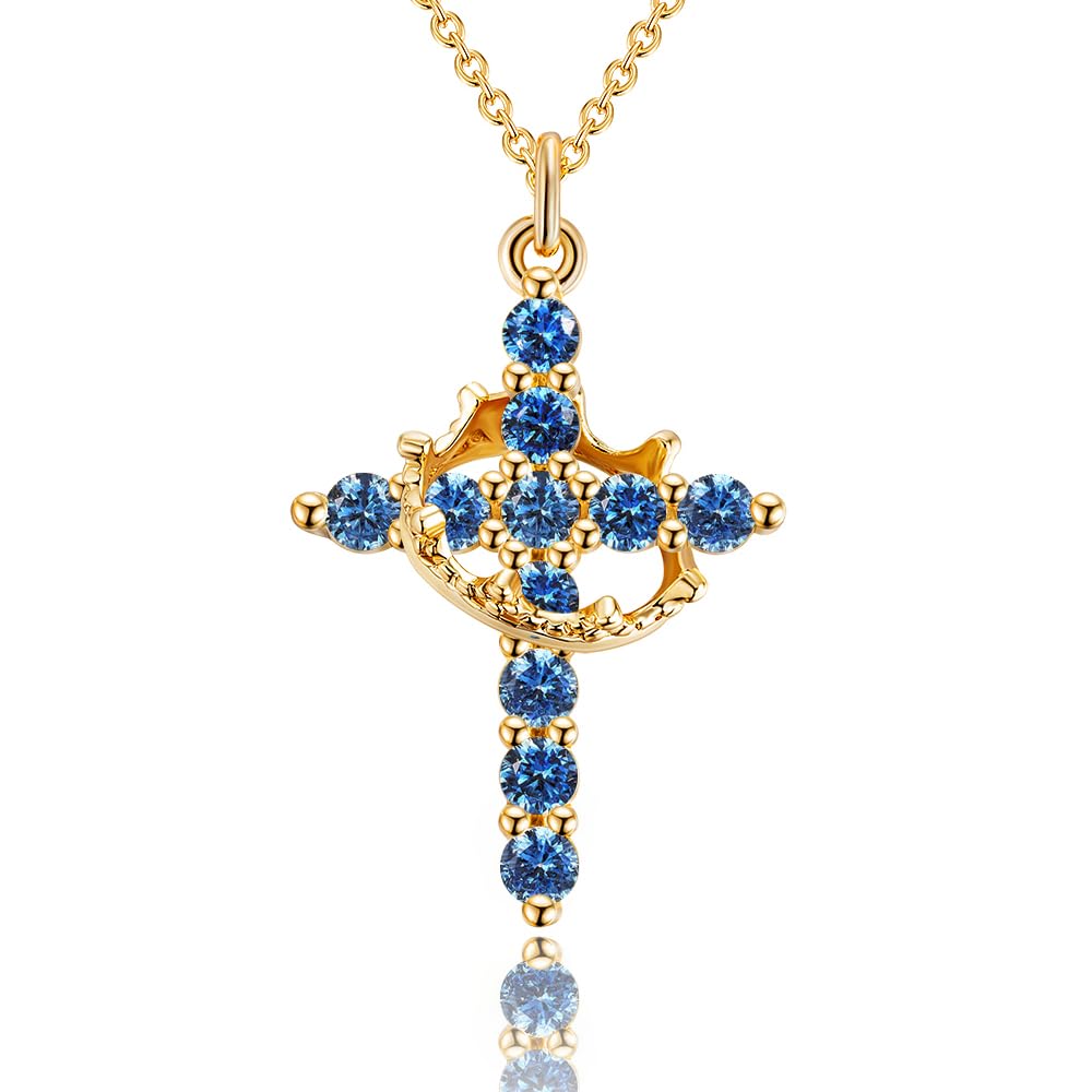 Robaice Birthstone Crown Cross Necklace for Women, Gold-Plated Christian Faith Necklace, Cross Jewelry Gift for Women, September Blue Sapphire Gift