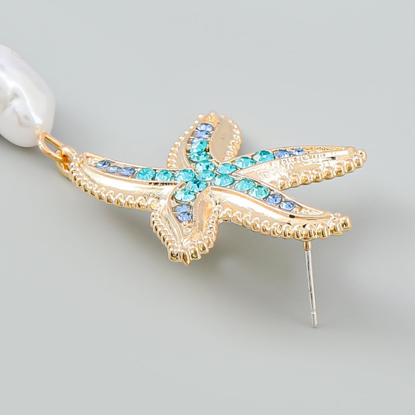 Gold Starfish Pearl Earrings for Women Vintage Charm Blue Sea Star Shell Ocean Animal Chic Crystal Rhinestone Seashell Baroque Pearls Dangle Drop Earrings for Boho Summer Beach Party Holiday Jewelry (Blue starfish)