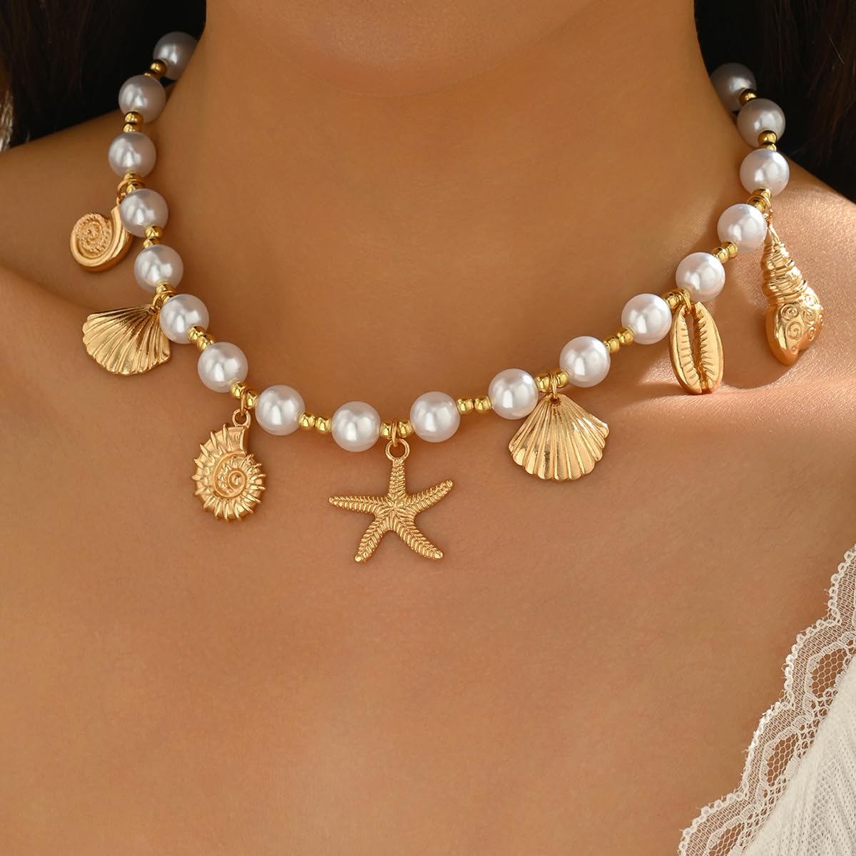 Seashell Necklace Beach Jewelry for Women Starfish Fish Necklace Boho Pearl Choker Sea Shell Necklaces for Women Beach Necklaces Summer Vacation Jewelry (Style6)