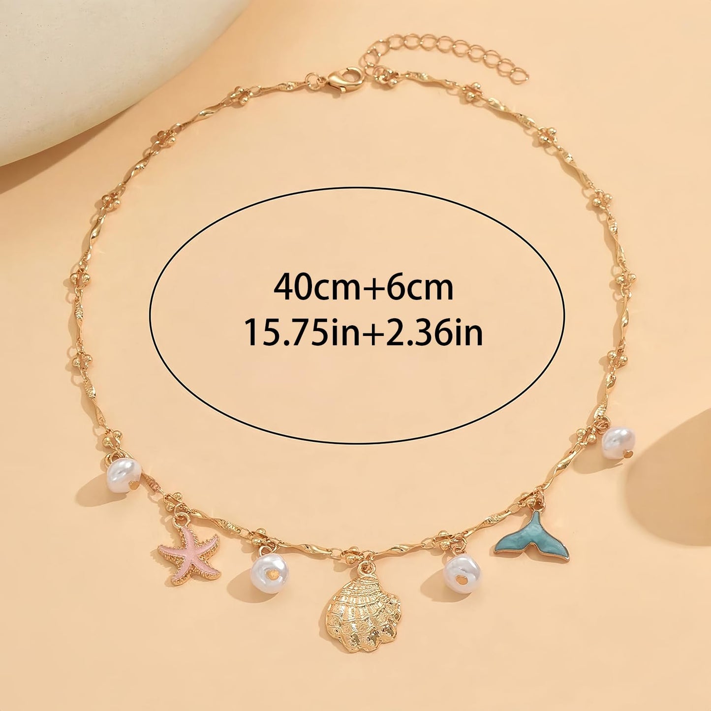 Shell Starfish Necklace for Women, 14k Gold Plated Boho Layered Beaded Charm Pendant Necklace, Dainty Adjustable Pearl Conch Summer Beach Vacation Jewelry Gifts(Colorful)
