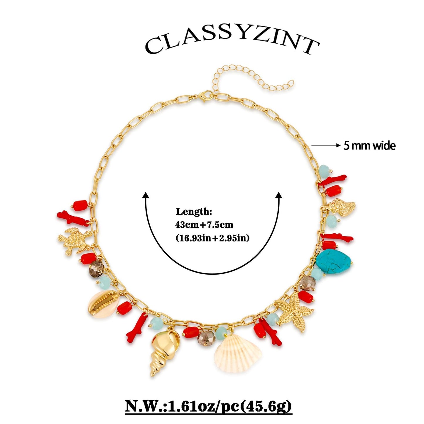 CLASSYZINT Gold Ocean Charm Necklace with Shell Starfish Beads for Women Beach Layered Jewelry