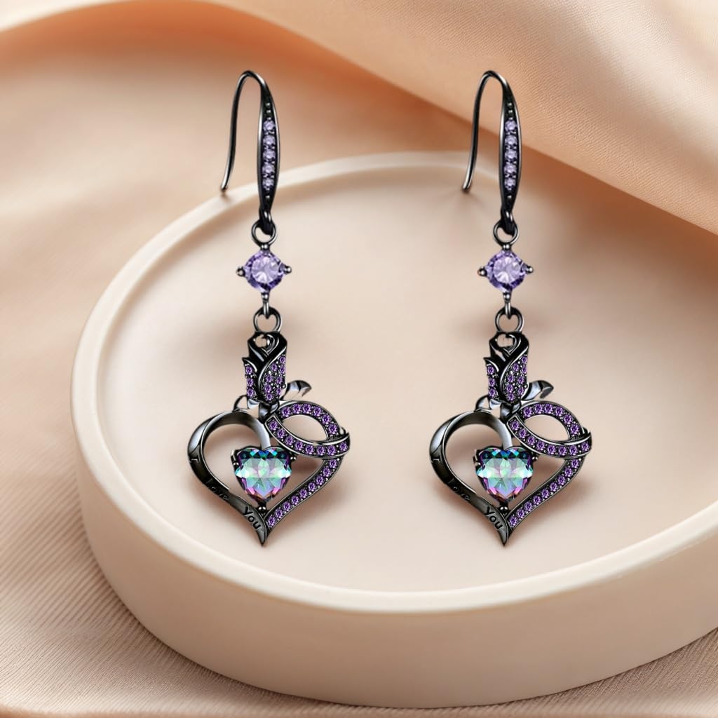 VOLUKA Gothic Heart Jewelry Set for Women, Black Gold Plated Necklace and Earrings with Purple Created Amethyst Crystal, Romantic Rose Flower Design for Wedding Engagement