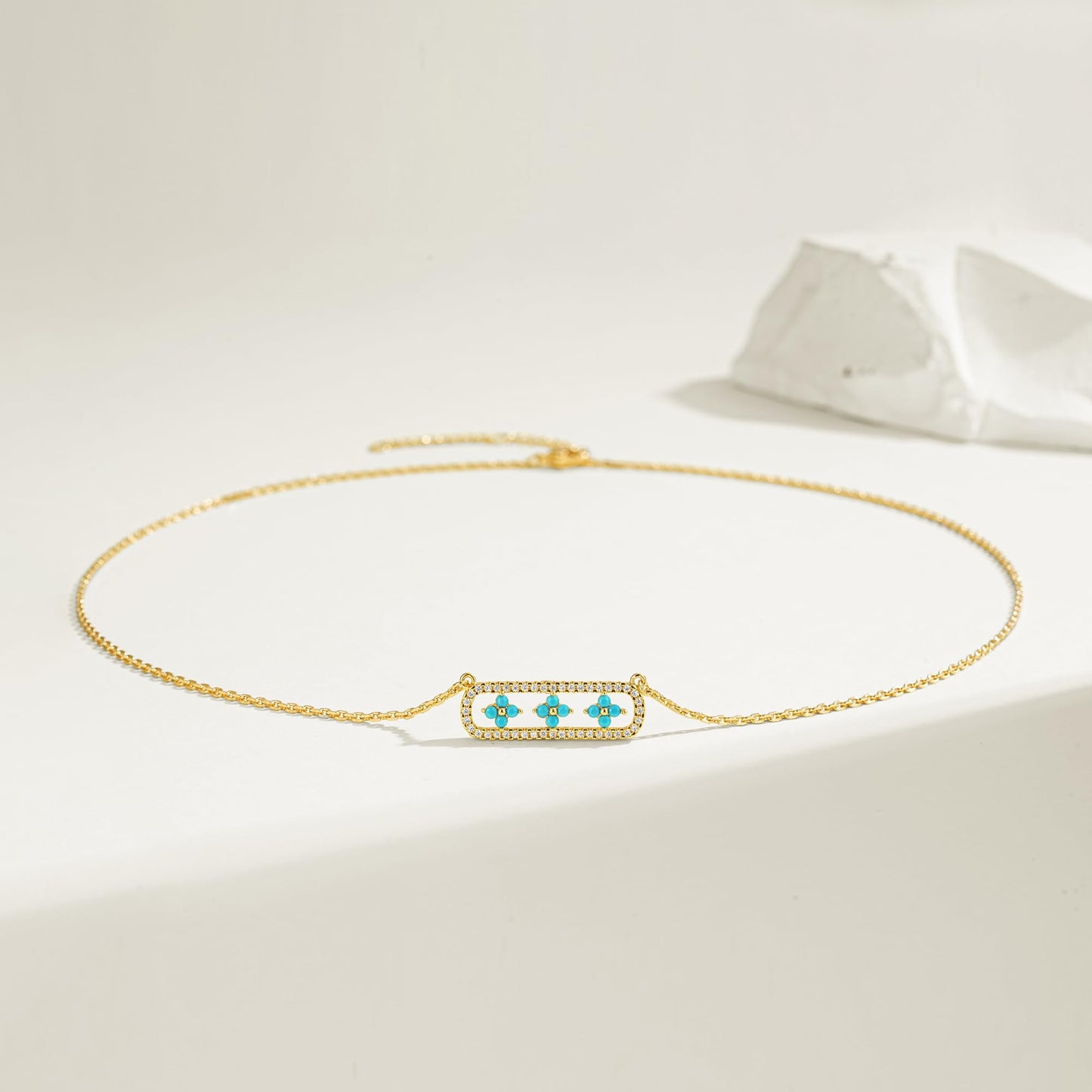 LOLAR RAY Triple Clover Bar Necklace 14K Gold Plated Turquoise & Diamond Accents Framed Pendant Adjustable Chain Chic Gift for Women