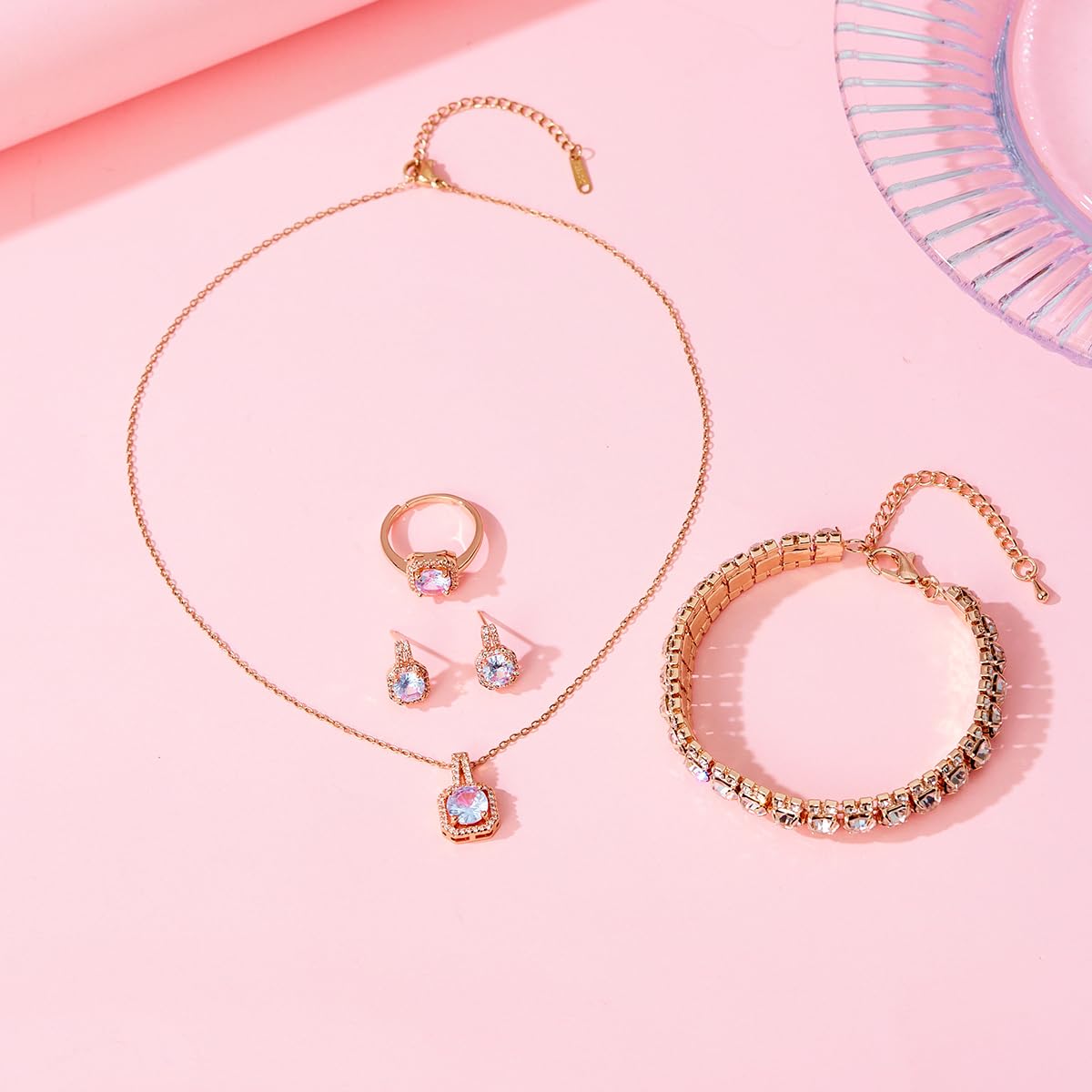 Paxuan Crystal Rhinestone Wedding Jewelry Sets Bridal Pendant Necklace Stud Earrings Link Bracelets Rings Set for Women (Gold Plated White Cubic Zirconia)