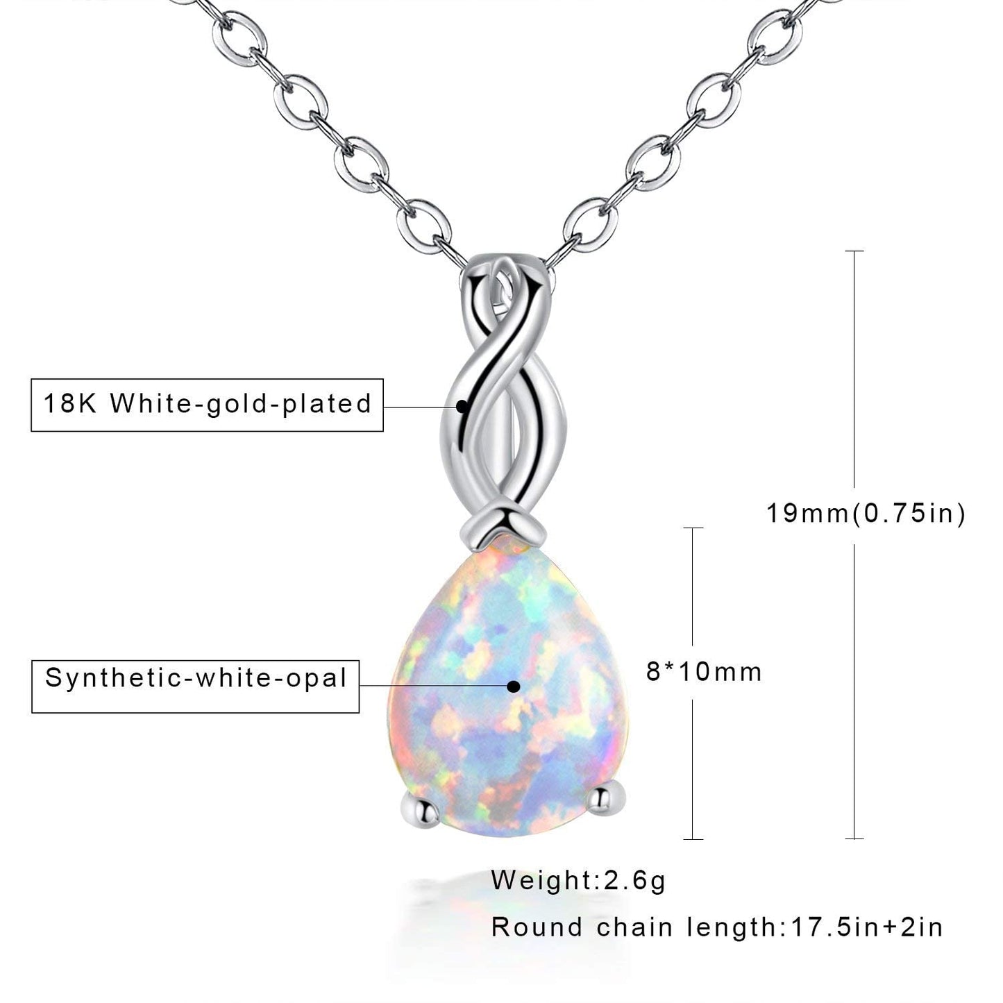 VOLUKA Created White Fire Opal Pendant Necklace for Women|8 * 10mm Teardrop October's Birthstone Gemstone Necklace|18K White Gold Plated Pear-Shaped Wedding Engagement Jewelry Gifts 19.5 inches