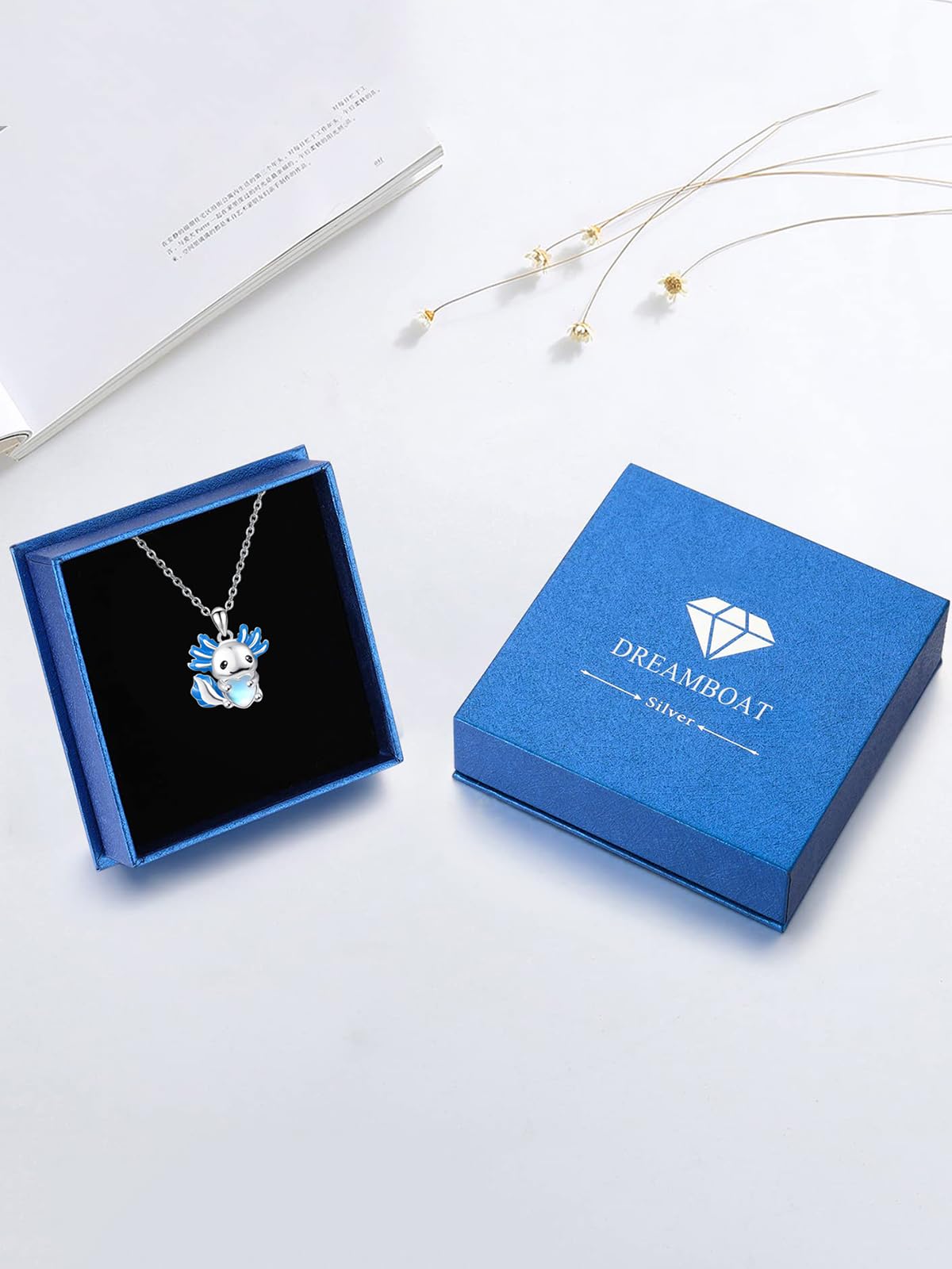 Dreamboat Blue Axolotl Pendant Necklace for Women 925 Sterling Silver Moonstone Axolotls Animal Jewelry Gifts