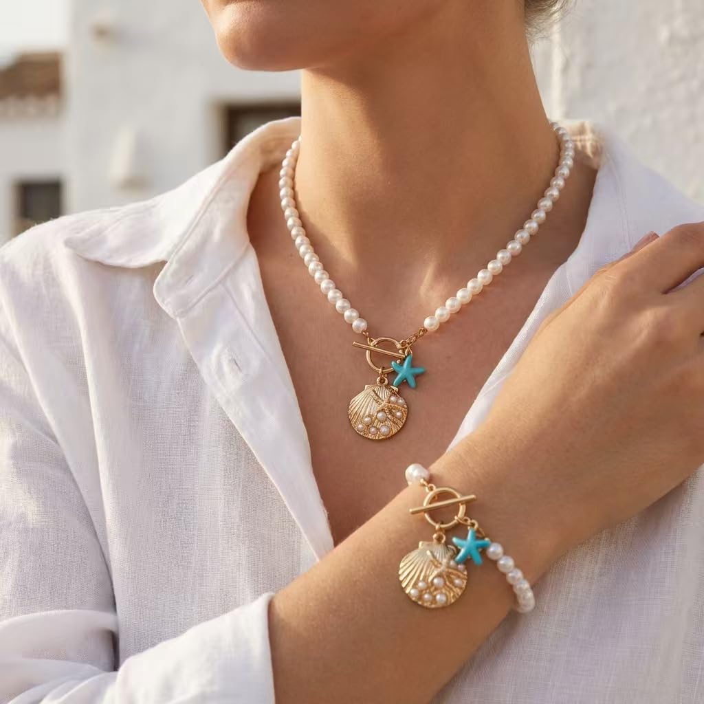 FemmeFeast Pearl Shell Jewelry Set for Women OT Buckle Closure Necklace and Bracelet Ocean-Themed Set with Starfish & Seashell Charms Beach Holiday Jewelry Gift (A-Pearl)