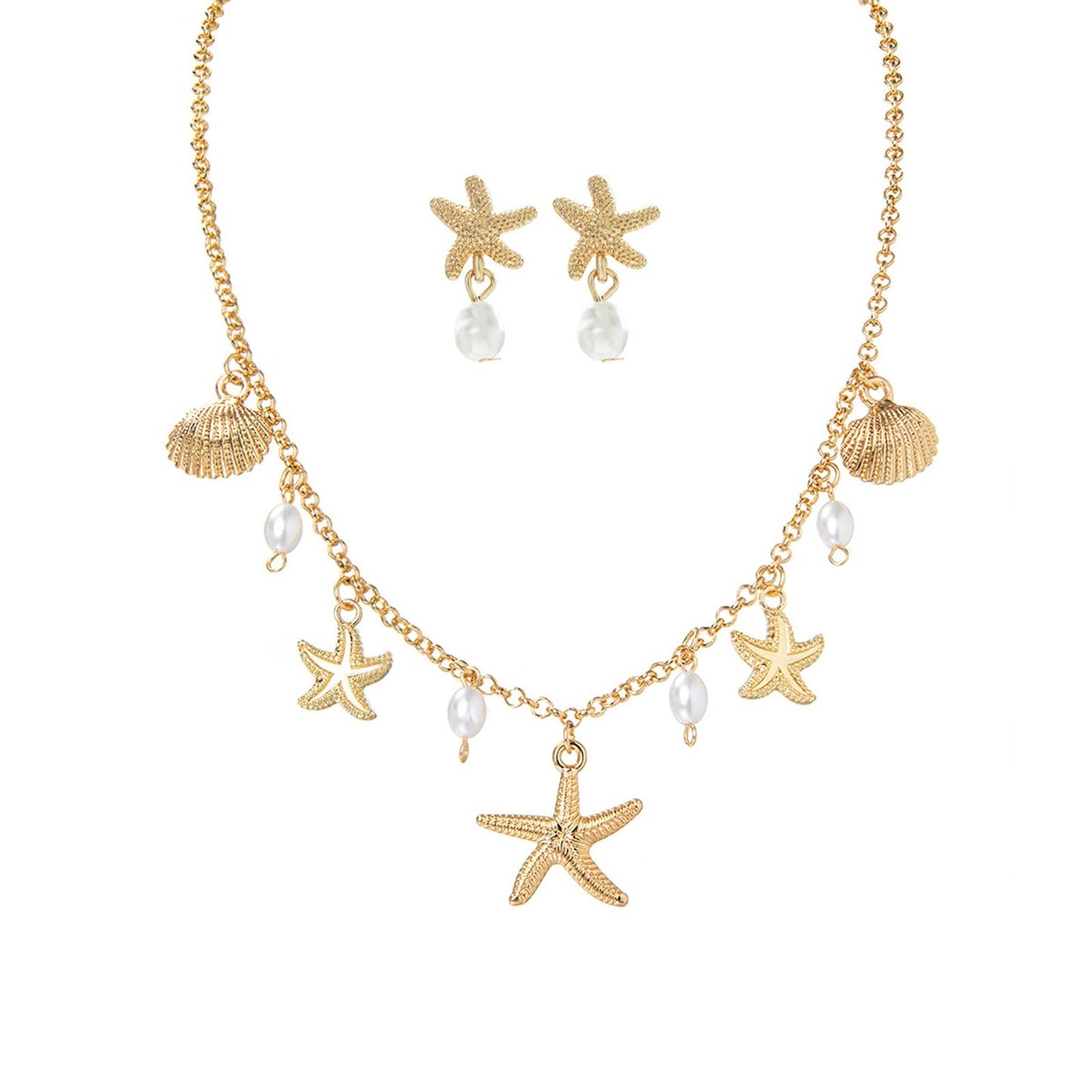 Quivox Gold Seashell Starfish Jewelry Set for Women Beach Necklace Earrings Sets Charm Pearl Choker Necklace Starfish Dangle Earrings Trendy Holiday Accessories (Gold2)