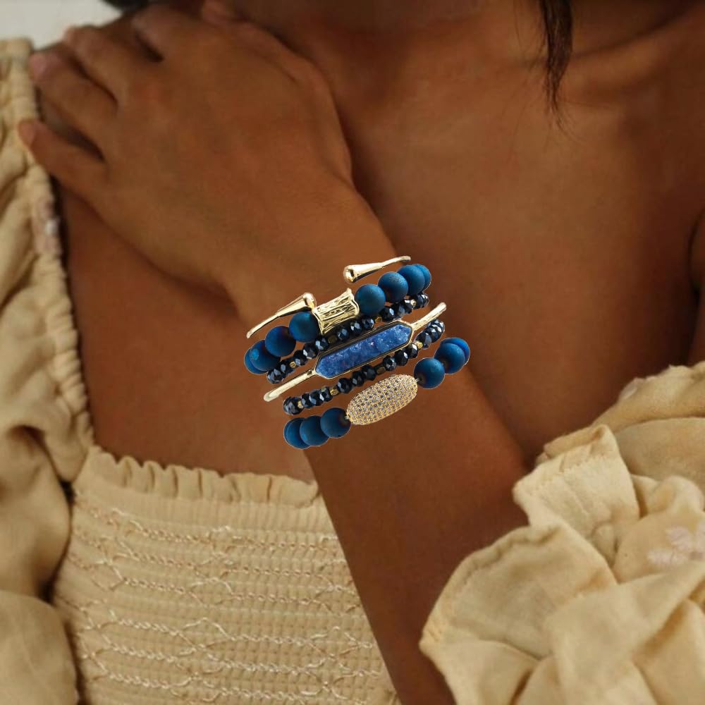 Yomisa Boho Beaded Bracelets/Bangle for Women,Multilayer Wrap 6PCS Healing Natural Jasper Crystal Bead Bracelets Stackable Friendship Stretch Beaded Bracelet Set Trendy Bohemian Jewelry Gift,Blue