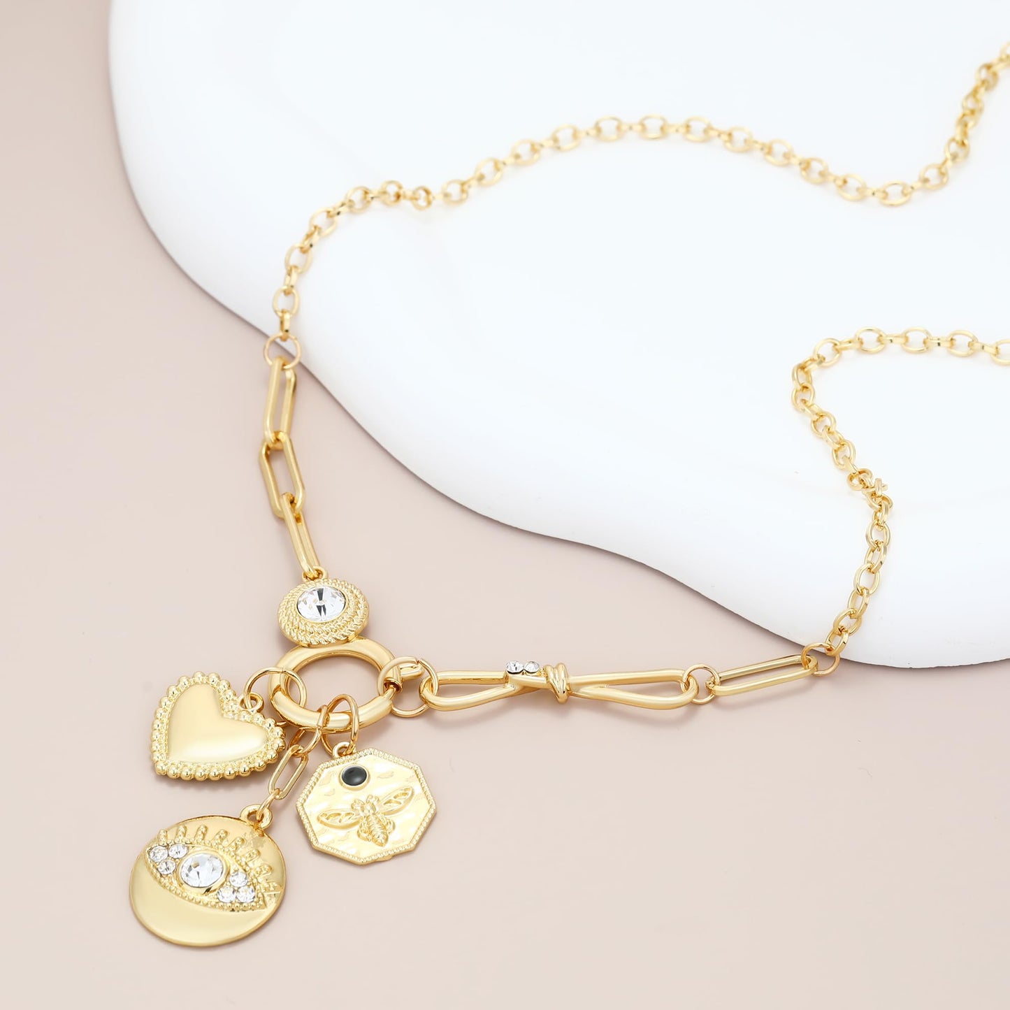 BONJOULRY Evil Eye Heart Coin Charm Necklace for Women Dainty Gold Plated Rhinestone Bowknot Pendant Protection Necklace Paperclip Chain Charms Necklaces Trendy Jewelry Bee Coin