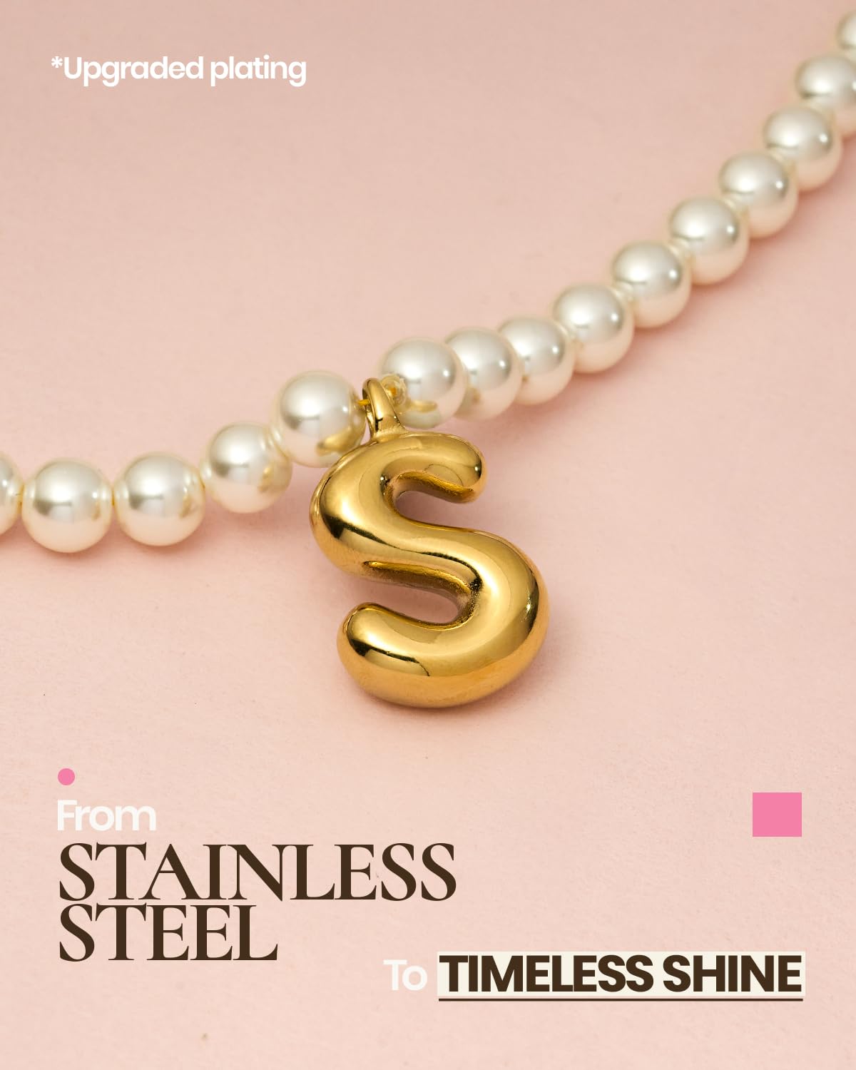 DoDoBeads Pearl Initial Necklace, 18K Gold Plated Stainless Steel Balloon Letter Pendant S, Non-Tarnish Waterproof Chunky Monogram Jewelry Gifts for Women Teens