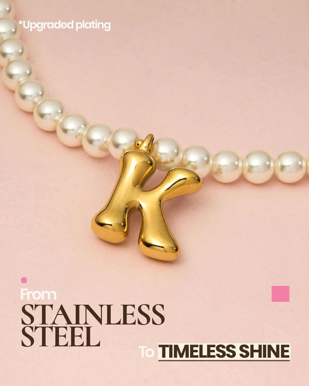 DoDoBeads Pearl Initial Necklace, 18K Gold Plated Stainless Steel Balloon Letter Pendant K, Non-Tarnish Waterproof Chunky Monogram Jewelry Gifts for Women Teens