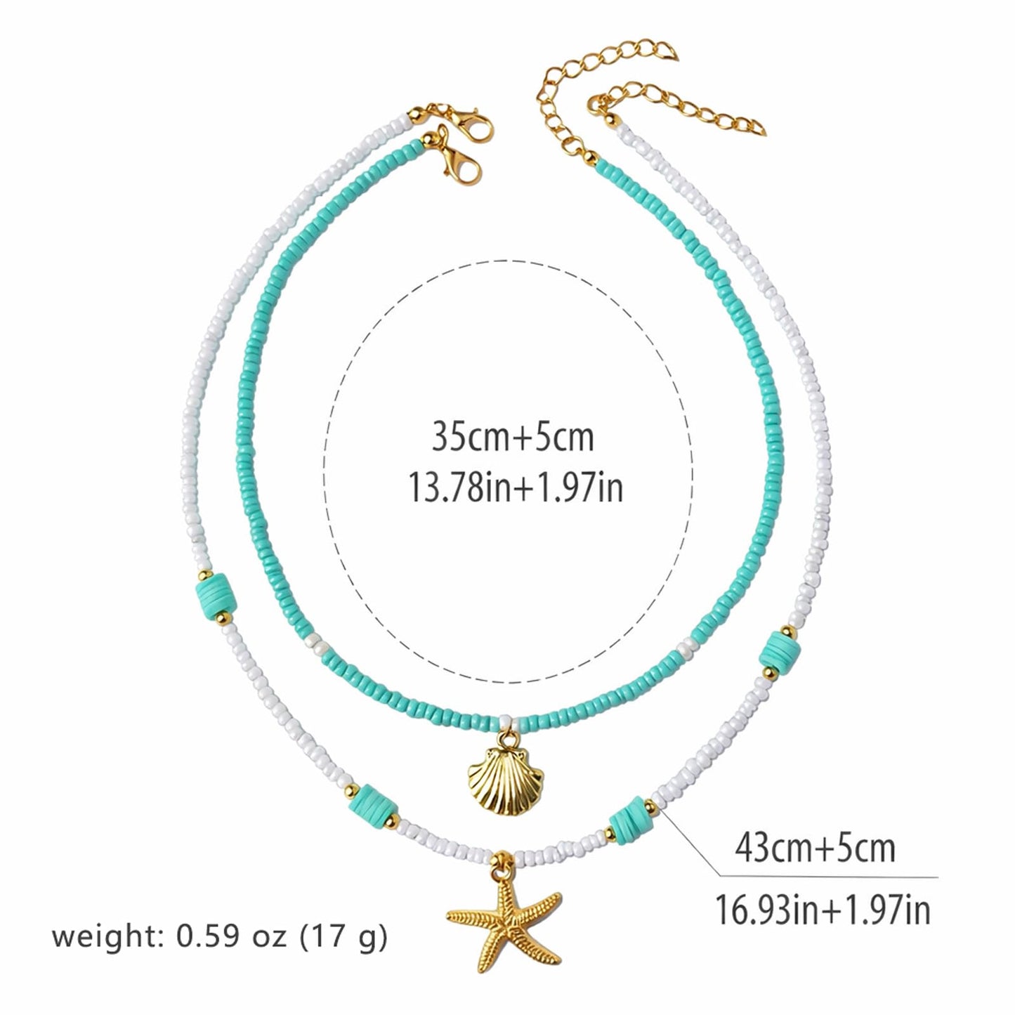 NMZH Shell Starfish Pendant Layered Necklace Set,2 Pcs Boho Y2k Blue White Beaded Gold Seashell Star Charm Choker Summer Beach Ocean Dainty Adjustable Trendy for Women Jewelry Gifts (Blue)