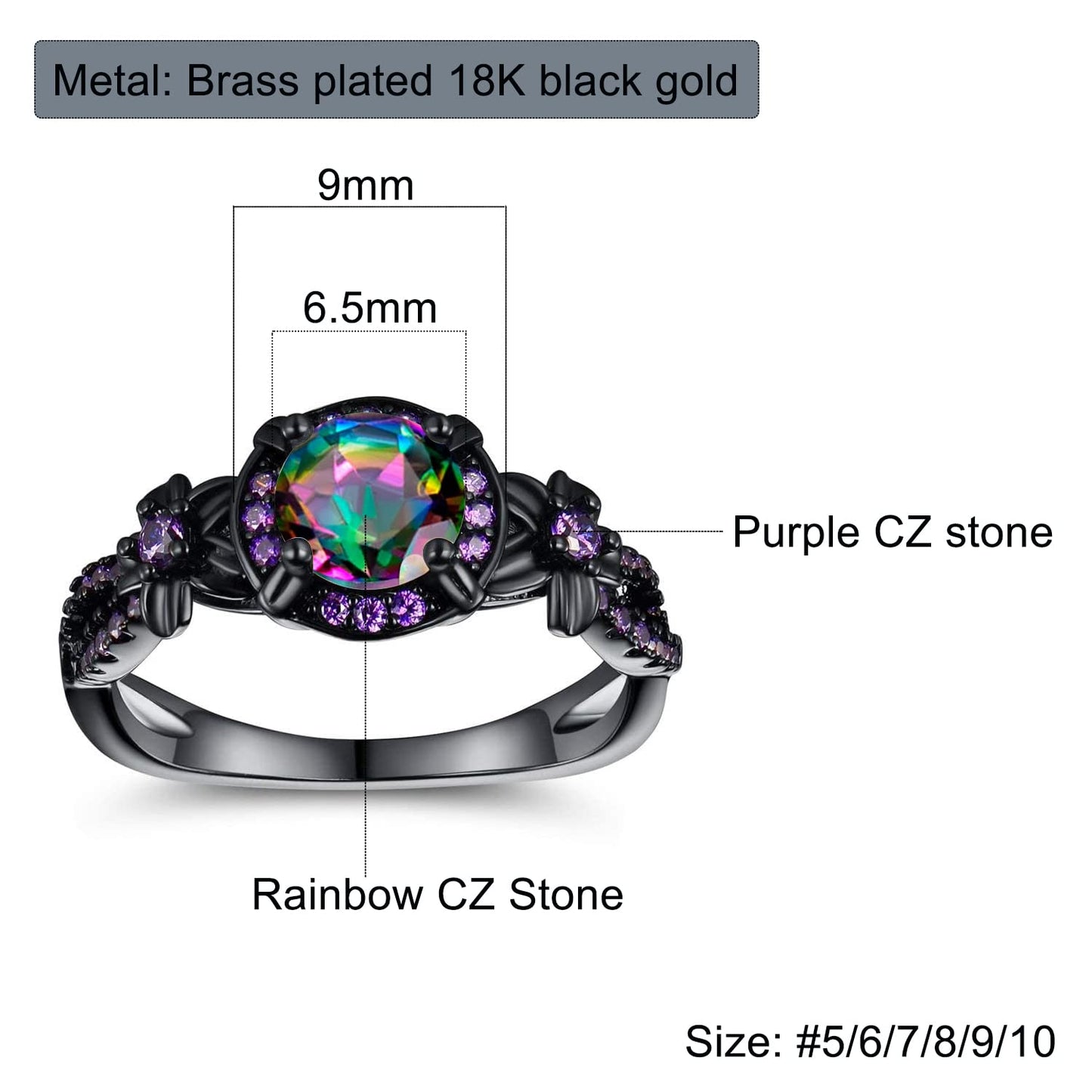 Black Rings for Women,Eternity Rings Rainbow CZ Created Amethyst Gemstone Wedding Engagement Band for Bride Dainty Jewelry Gifts (7)