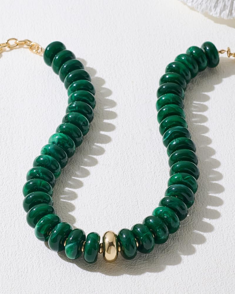 FAUTHENTICUTE Emerald Green Beaded Statement Necklace for Women Dark Green Acrylic Resin Bead Strand Necklace With Gold Accent Trendy Beach Choker Perfect Summer Jewelry Mothers Day Gifts