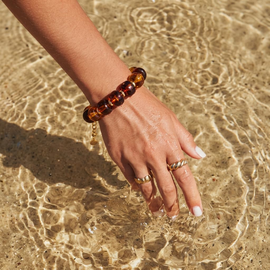 TENTMENTISE Bracelets for Women, Amber Beaded Bracelets for Women Trendy, Chunky Gold Plated Beaded Bracelets, Womens Summer Beach Boho Jewelry Gifts for Vacation Holiday