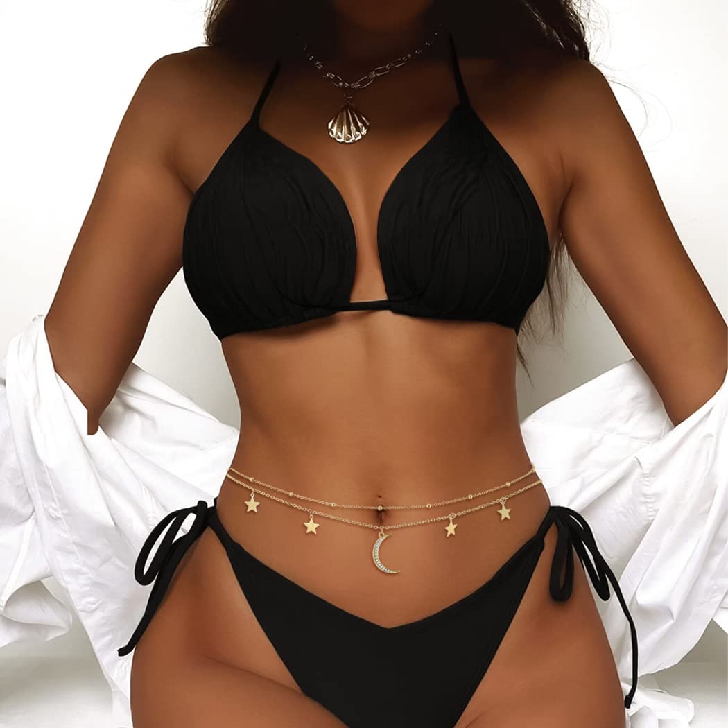 Wriidy Layered Moon Star Waist Chain Beads Gold Belly Chain Body Chains Jewelry Accessories for Women