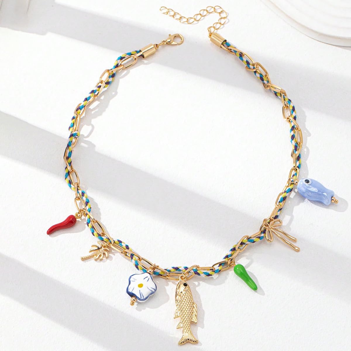BlingNook Gold Charms Necklace For Women, Colorful Charm Beachy Fish Conch Seashell Heart Pepper Cool Ocean Layered Stackable Summer Holiday Jewelry (Conch)