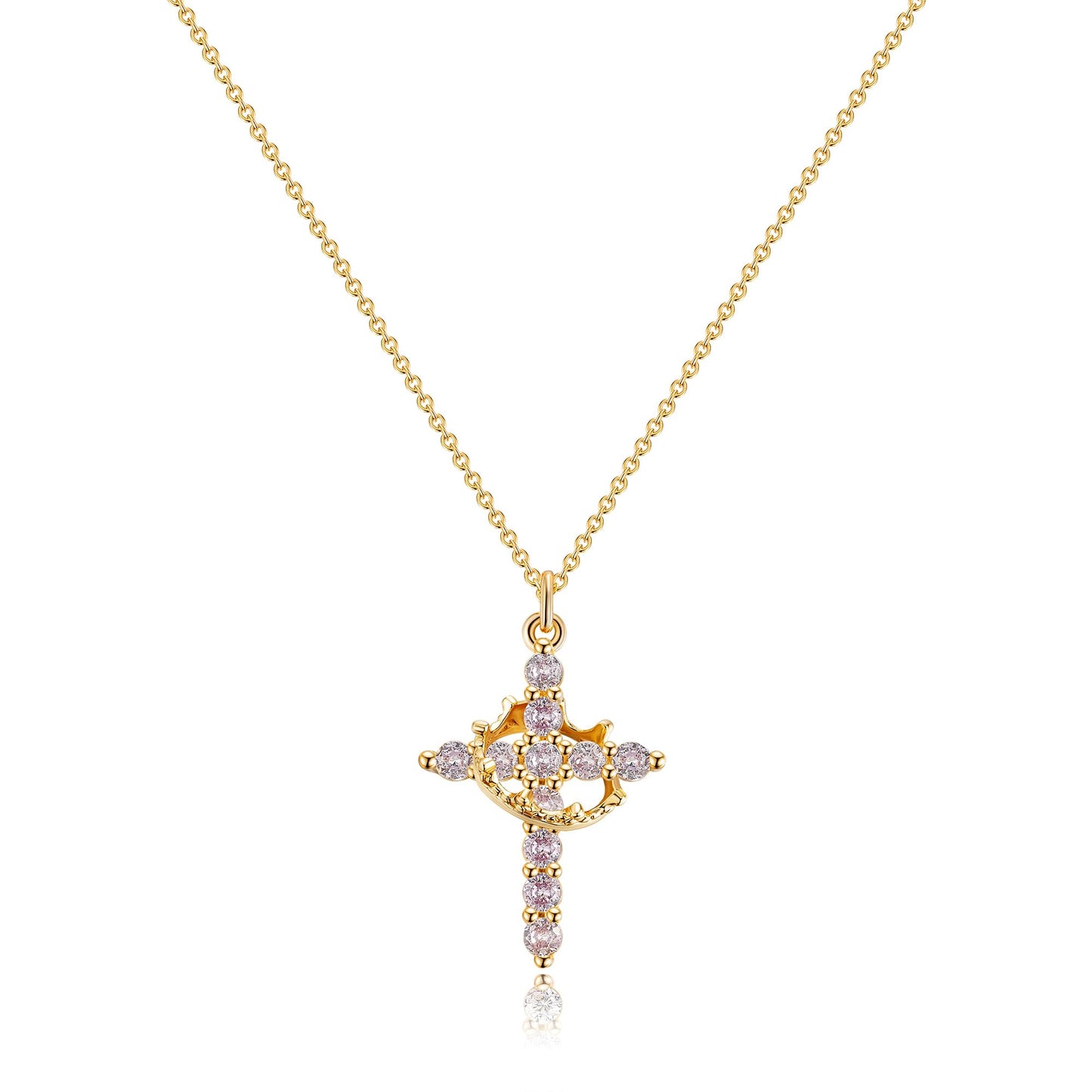 Robaice Birthstone Crown Cross Necklace for Women, Gold-Plated Christian Faith Necklace, Cross Jewelry Gift for Women, February Purple Amethyst Gift