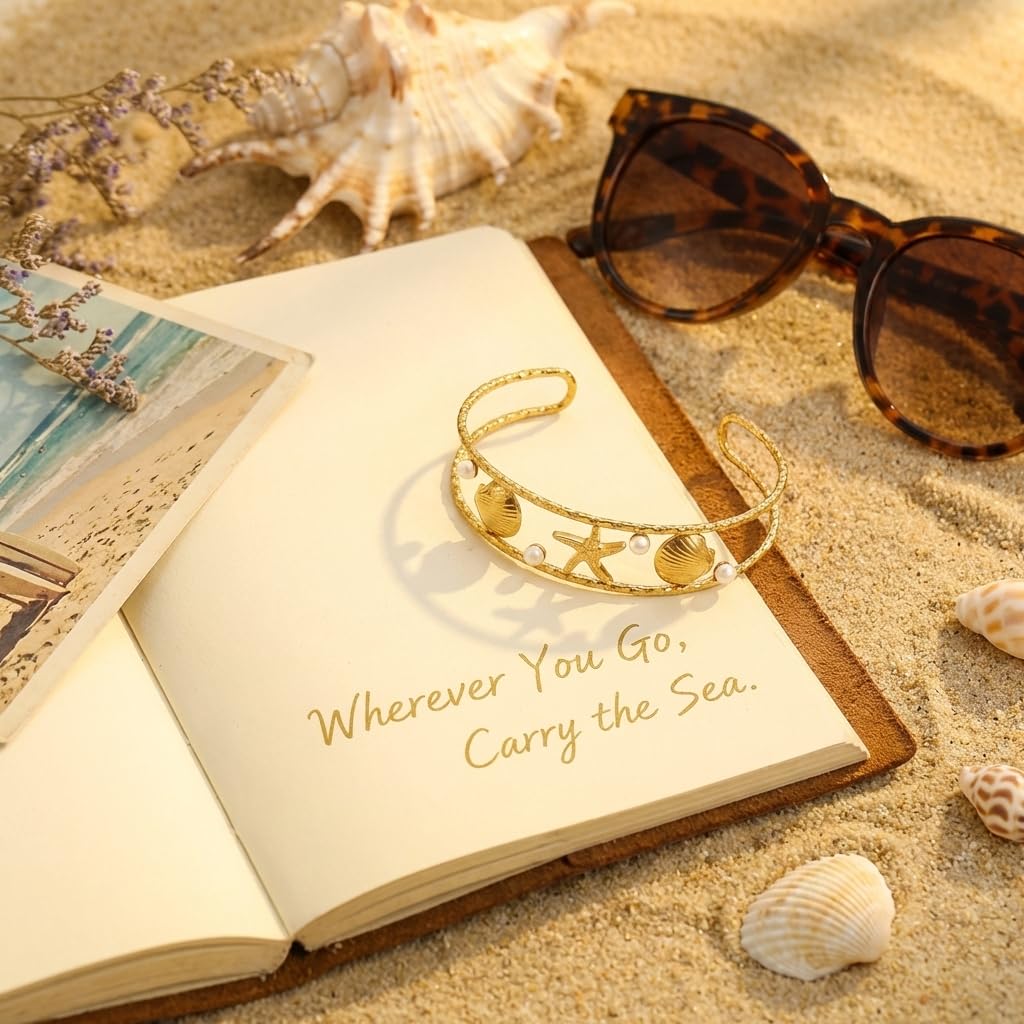 MystiGlimmer Starfish Open Cuff Bracelet for Women 18K Gold Plated Stainless Steel, Adjustable Ocean-Inspired Arm Cuff, Waterproof, Hypoallergenic Beach Jewelry Gift