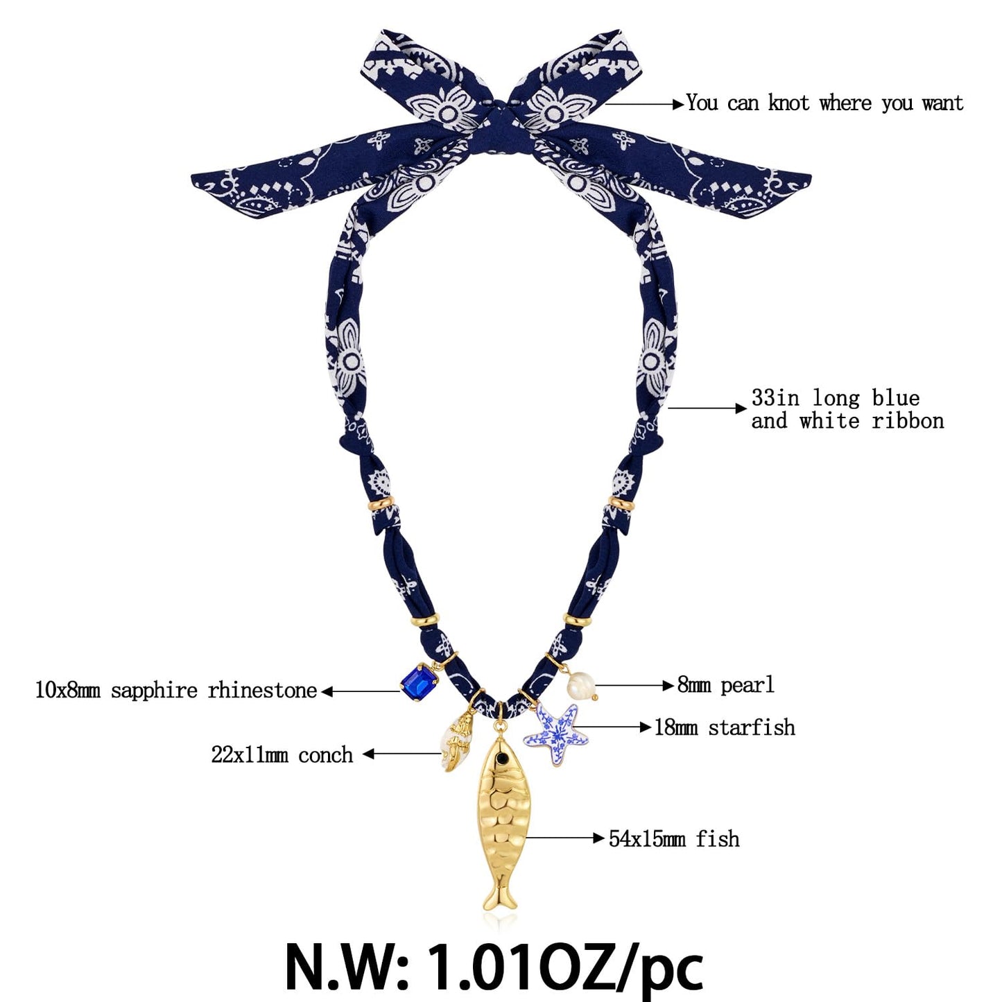 MYCUTEY Blue Scarf Necklace For Women with Gold Fish Conch Shell Starfish and Pearl Charms Summer Statement Necklace Boho Beach Jewelry Gifts