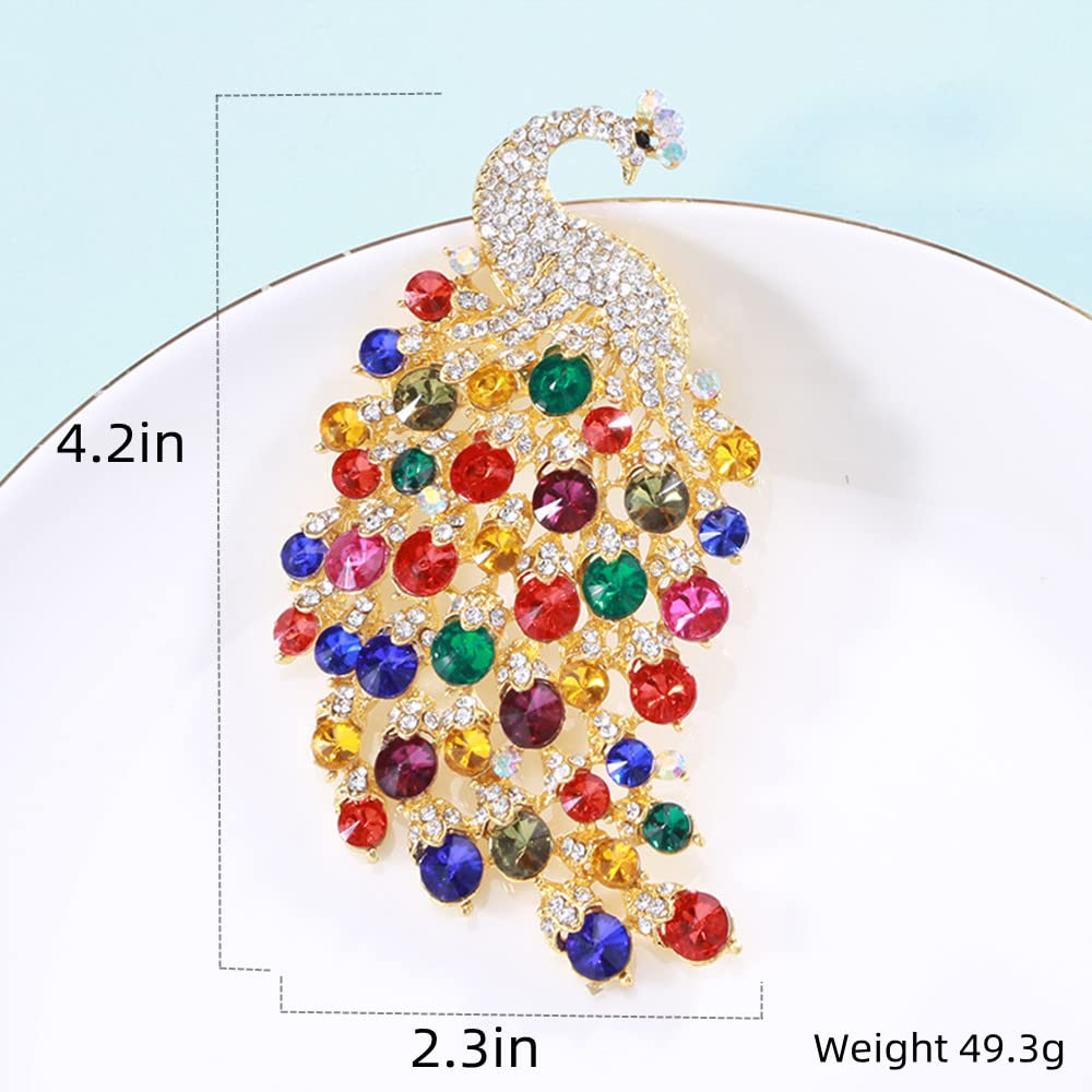 Rhinestone Peacock Brooch Pin for Women Girls Fashion Exquisite Exaggerated Big Crystal Bird Animal Brooches Lapel Pins Elegant Dress Accessories Wedding Christmas Birthday Jewelry Gift (Gold-Tone)