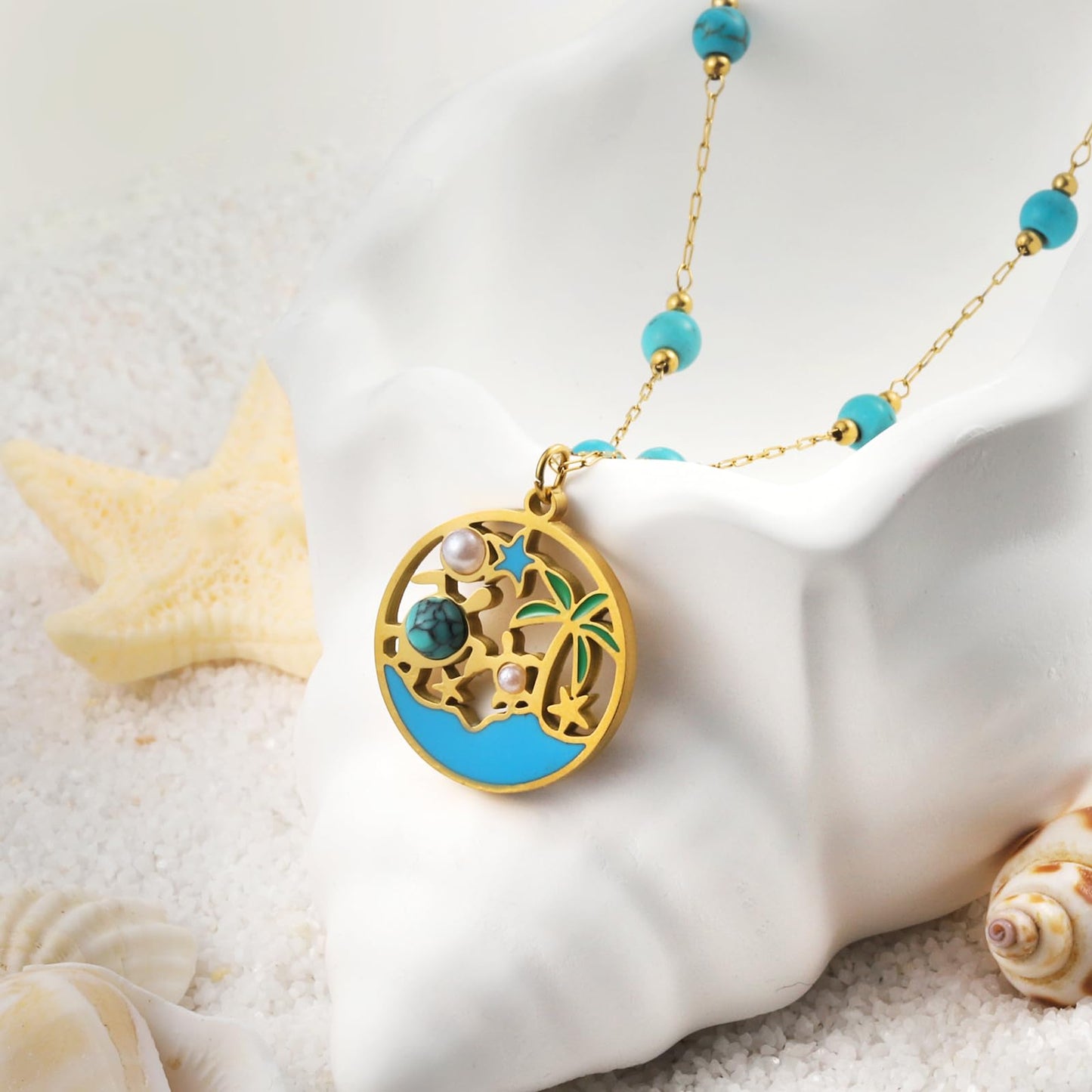 LCTrusttmor Gahna Turquoise Necklace for Women, 18K Gold Plated Sea Turtles Pendant with Adjustable Choker Boho Necklaces for Women, Summer Beach Jewelry Gifts
