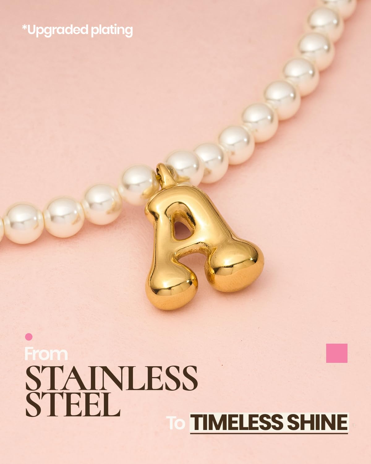 DoDoBeads Pearl Initial Necklace, 18K Gold Plated Stainless Steel Balloon Letter Pendant A, Non-Tarnish Waterproof Chunky Monogram Jewelry Gifts for Women Teens