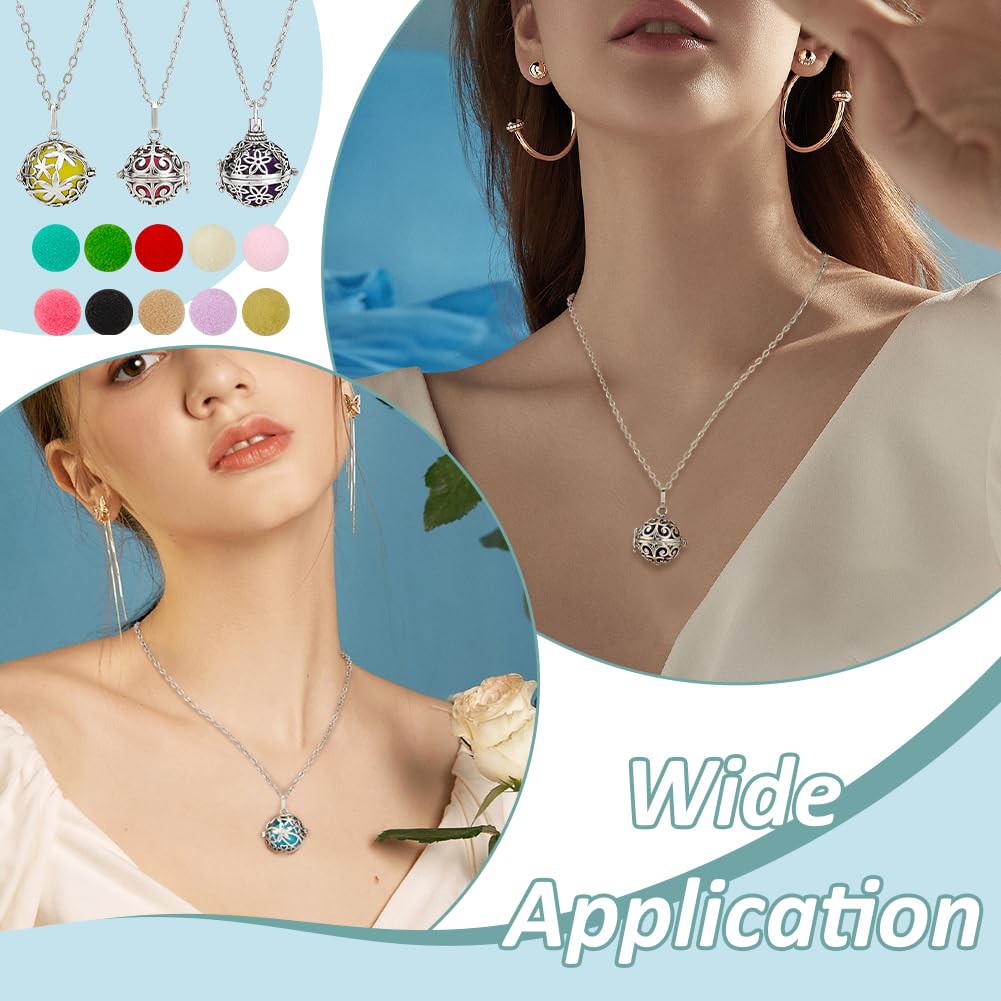 PH PandaHall 3pcs Essential Oil Diffuser Necklace, Aromatherapy Locket Pendant Scent Necklace with 10pcs Color Cotton Balls Platinum Flower Pendant Necklaces Chain for Men Women Jewelry Birthday Gifts