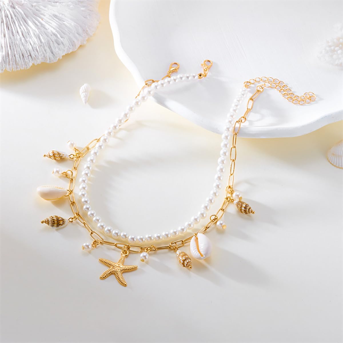 Boho Multi-layered Shell Starfish Necklace Layered Pearl Pendant Choker Necklace Fashionable Clavicle Chain Necklace Seaside Beach Vacation Jewelry for Women (Starfish1)