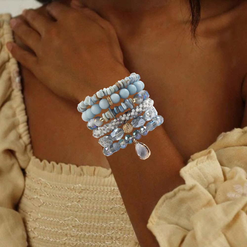 Yomisa Boho Beaded Bracelets/Bangle for Women,Multilayer Wrap 6PCS Healing Natural Jasper Crystal Stone Bead Bracelets Stackable Friendship Stretch Beaded Bracelet Set Trendy Bohemian Jewelry Gift