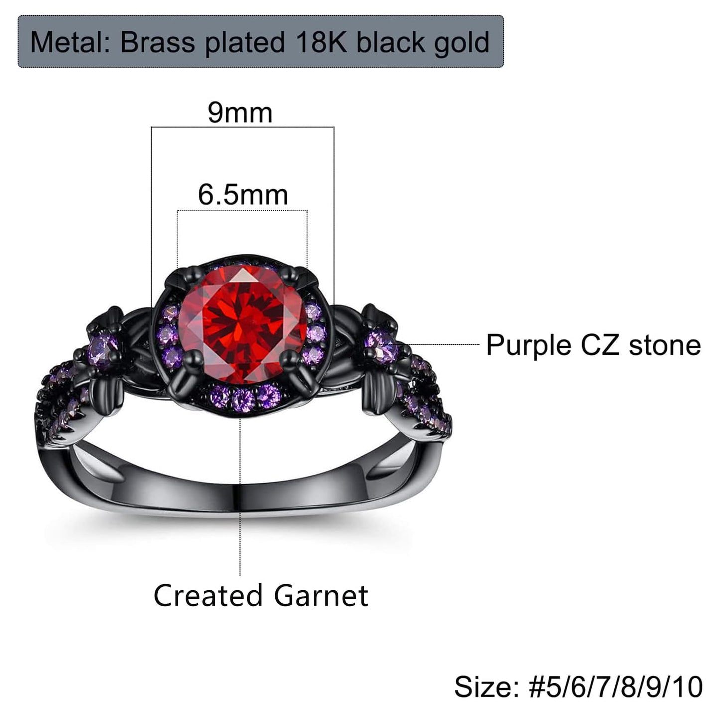 Vintage Black Gold Plated Ring with Created Garnet Gemstone, Purple CZ Accents, Wedding Engagement Band, Sizes 5-10 (7)