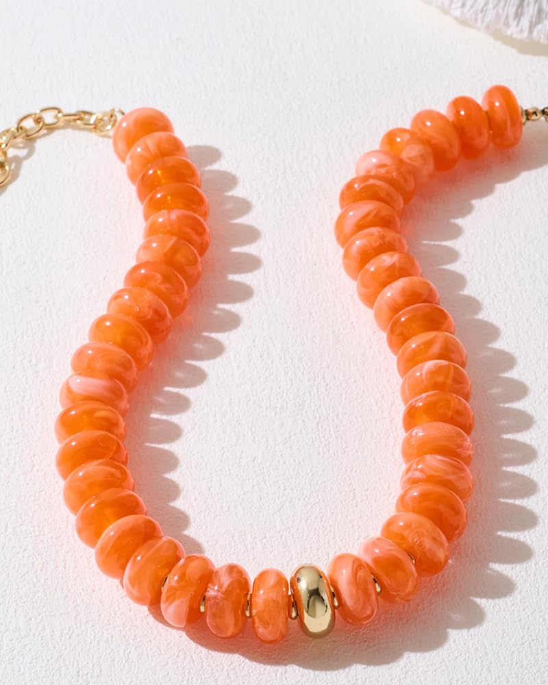 FAUTHENTICUTE Large Orange Bead Choker Necklace for Women Chunky Beaded Statement Necklace with Gold Accent Beach Jewelry Gift Trendy Boho Necklaces for Summer