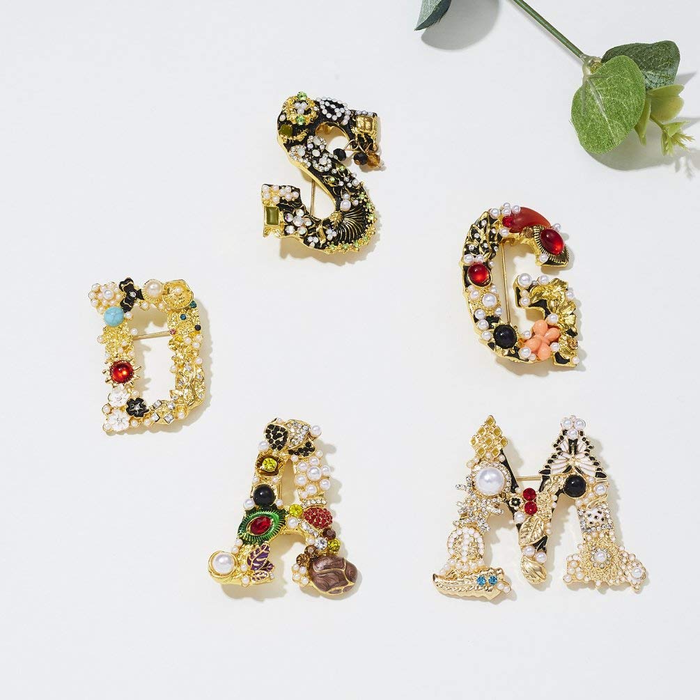 RINHOO Crystal Pearl Initial Brooch Gold Plated Enamel Colorful Letter Alphabet Breastpin Pin Jewelry for GIFTS (Letter -A)