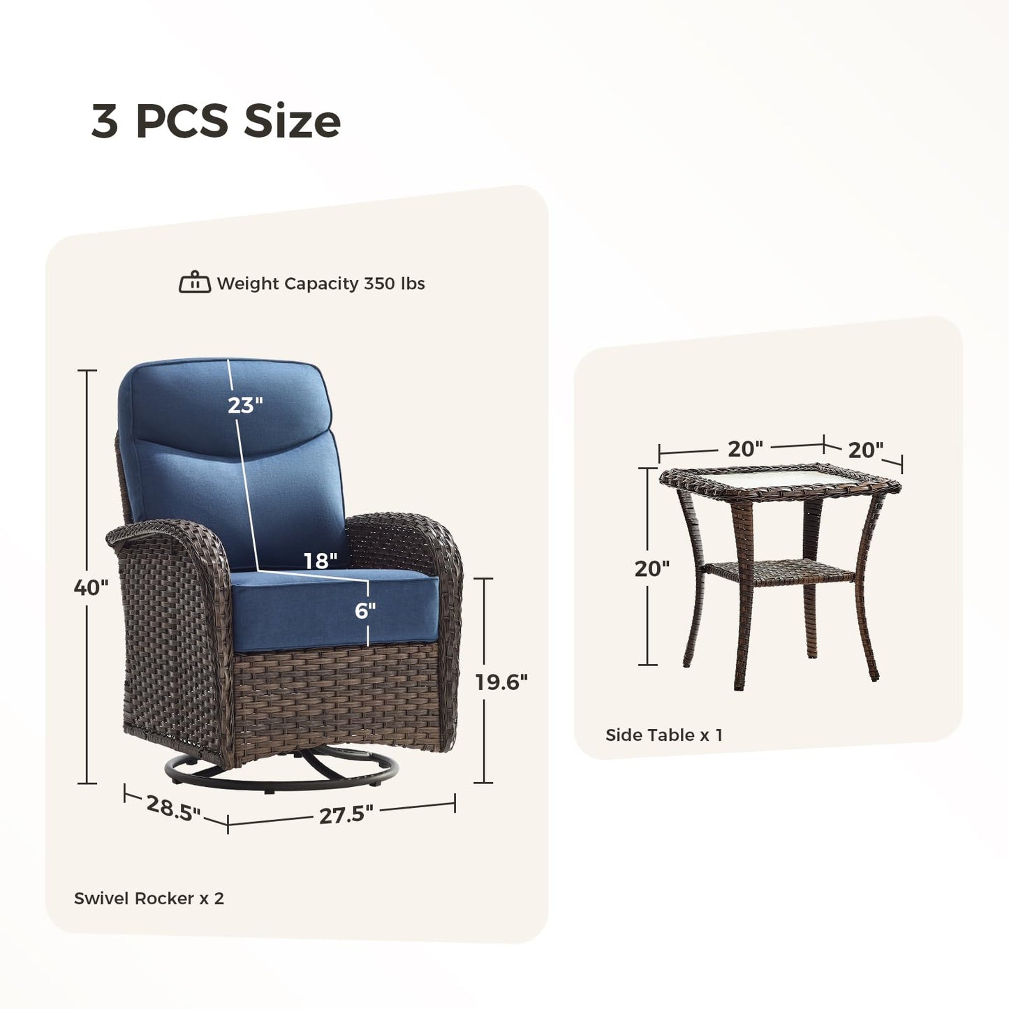 Luxury Outdoor Swivel Rocker Patio Chairs with 6-Inch Thick Cushions, High Back Swivel Glider Patio Chairs, 3PCS Wicker Outdoor Furniture Set for Porch, Patio, Yard, Deck, Poolside, Brown/Blue